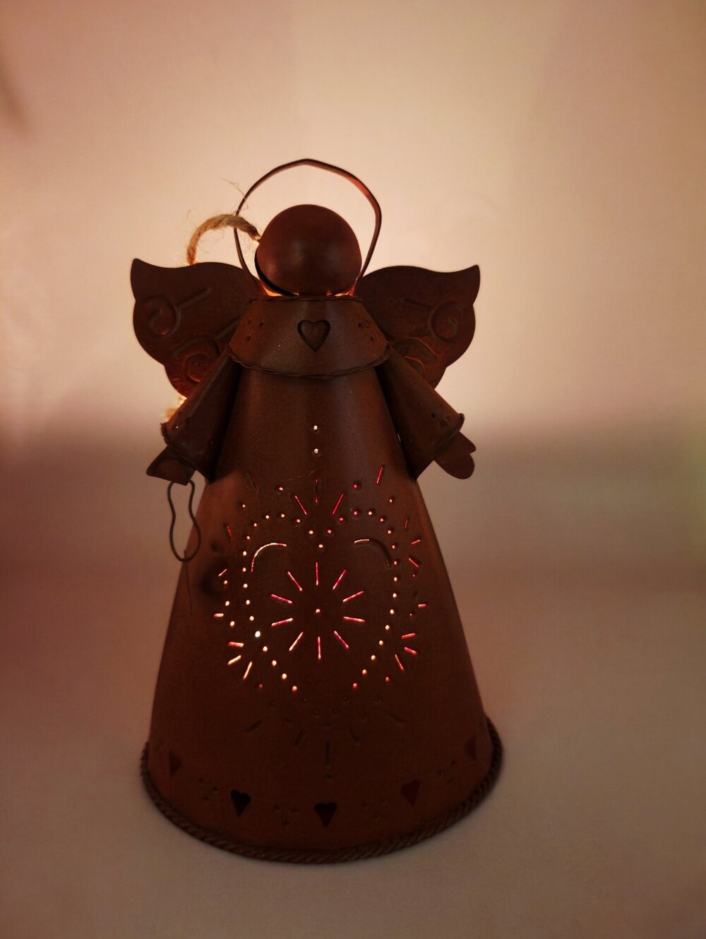 Rustic Punched Brown Metal Angel Candle Lantern with Heart Cutouts